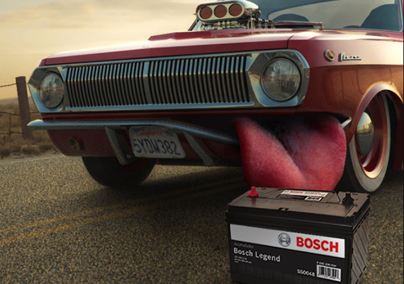 Cliente: BOSCH.
                                Descripción: Diseñé dos propuestas de campaña publicitaria para acumuladores. Con el objeto de ofrecer un concepto creativo centrado en el issue del acumulador como fuente de energía, aterricé el concepto en una metáfora del producto como un comestible para la máquina.